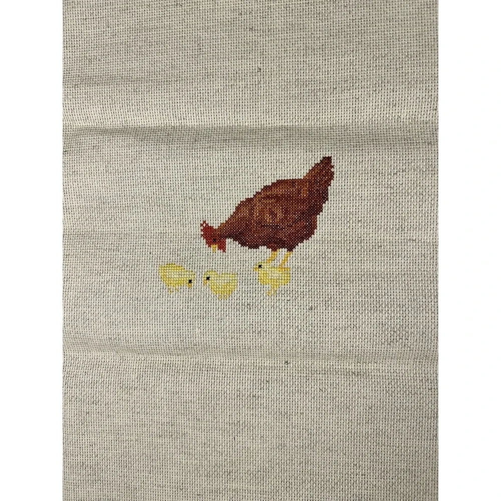 Vtg Pair Completed Cross Stitch Rooster Hen Chicks on Linen Unframed 11.5